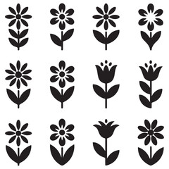 Flowers icon set. Flowers isolated on transparent background. Flowers in modern simple. Cute round flower plant nature collection. Silhouette Vector Black illustrator.
