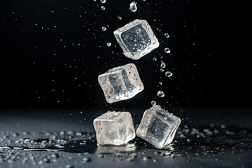 Falling ice cubes. In the air. Black background.