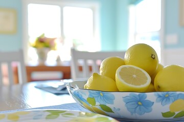 Fresh Lemons in a Floral Bowl on a Sunny Kitchen Table.