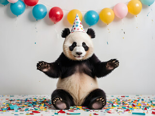 Fototapeta premium Cute Panda Bear Celebrating Birthday with Colorful Balloons and Confetti in Festive Atmosphere