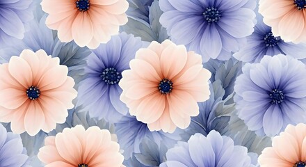 A dreamy floral watercolor pattern with lilac, periwinkle, and pale peach tones, AI Generated
