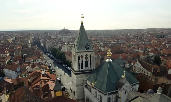 Aerial raw footage of Tbilisi city panorama with buildings and street in background