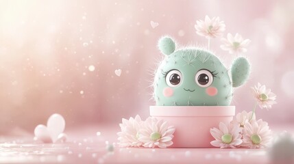 Obraz premium Adorable Cartoon Cactus in Pink Pot with White Flowers and Soft Pink Background