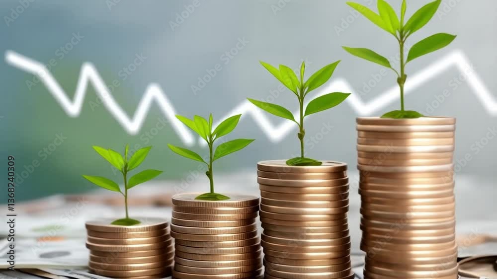 Poster stacks of coins with plants growing on top and a rising arrow in the background shown indoors