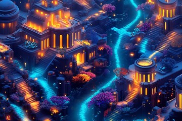 An isometric underwater city with coral and glowing fish swimming through the streets, creating a mesmerizing and colorful aquatic environment