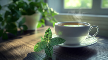 A cup of tea with mint leaves on a wooden table near a window with a plant in the background