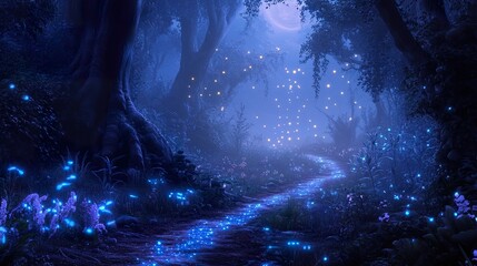 Mystical path through a bioluminescent forest under a soft lunar glow