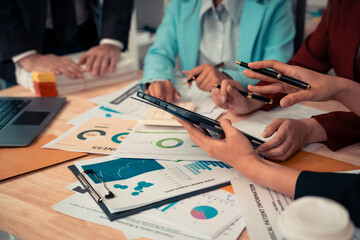 Brain storm strategy concept, sharing, analysis, charts, documents, hand paper, teamwork, consulting, organizing big data, close-up image