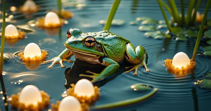 Common brown frog, also known as the grass frog in Latin, with eggs in pond water, an amphibian species.