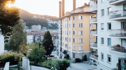 Urban cityscape at sunset