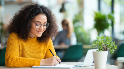 Fototapeta premium young woman with curly hair is writing notebook while sitting table cozy cafe. She wears glasses