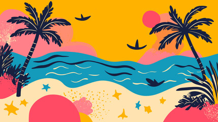 Obraz premium Abstract tropical beach with palm trees and sea in bold colors