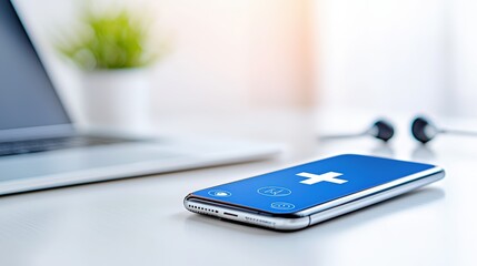 A modern smartphone with a blue screen displaying a plus sign, placed next to a laptop and earphones, with a blurred plant in the background, health info records management.