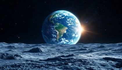 Earth Rising Above Lunar Surface Sunburst in Space Concept
