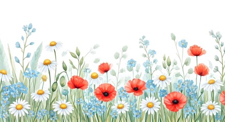 Fototapeta premium A field of watercolor daisies, poppies, and forget-me-nots in soft pastel tones, AI Generated