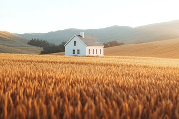 White house in wheat field landscape at sunset, idyllic rural scene, peaceful countryside