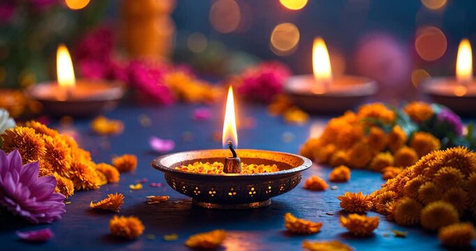 Diwali Festivity featuring Illuminated Diyas and Floral Petals for your backdrop, poster, wallpaper, banner, greeting cards, and advertising.