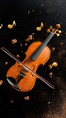 Fototapeta premium Sparkling Violin in Galaxy Setting Music Instrument with Gold Glitter Notes, Creative Imagery
