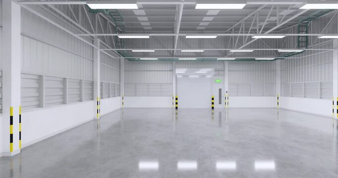 3d rendering of industry building interior. Construction by metal steel, concrete floor. Include shutter door or roller shutter, empty space. Modern factory, warehouse, hangar suit for background.