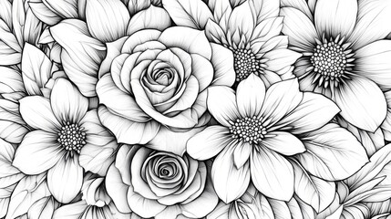 Drawing of Rose and Daisy Flowers Detailed Floral Line Art