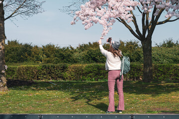 Woman Photographing Cherry Blossoms in Westerpark, Amsterdam
