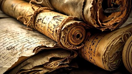 Old manuscripts of the Holy Scriptures parchment rolls degraded by the action of time 4K