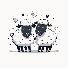 2 happy and cute sheeps, black & white, minimalistic simple drawing, abstract, black little hearts, modern stationery aesthetic, subtle pastel detail allowed