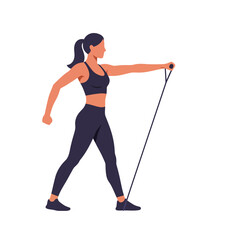 Obraz premium Woman using resistance band for exercise in flat design vector art
