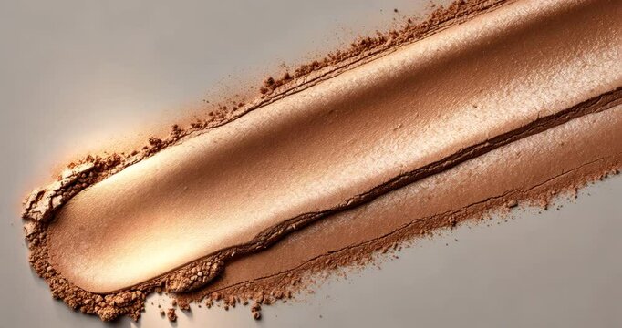 Cosmetic bronzer texture in pressed powder form smudged with shimmer set against a background.
