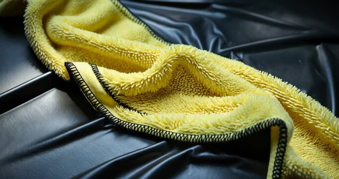 An uncommon cleaning cloth, a lengthy yellow microfiber placed on a black, matte plastic backdrop.