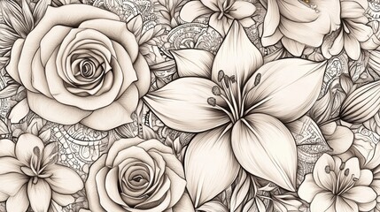 Detailed Floral Arrangement of Roses and Lilies Line Art Illustration