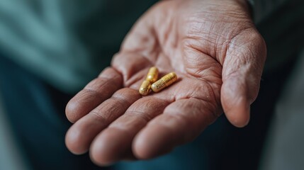 The concept of capsule and omega macro. Hand holding various capsules, illustrating health and wellness concepts.