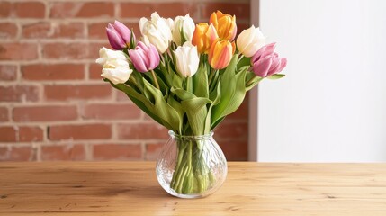 Bouquet of Colorful Spring Tulips in Vase Against Brick Wall, Floral Arrangement for Home Decor