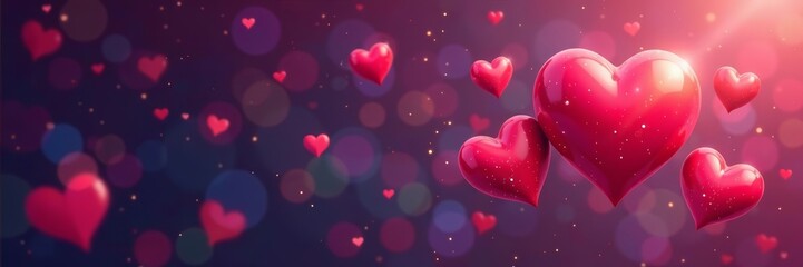 An artistic vector illustration with floating hearts representing love, red, romance