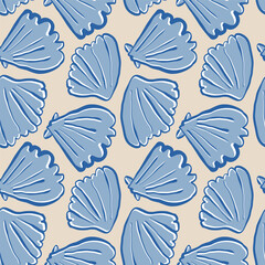 Hand drawn sea shells scallops blue seamless pattern in doodle sketchy style on sandy beige background. Line art sea shell vector background