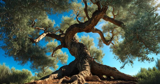 Ancient olive tree featuring a spiraled stem bending in on itself. Representation of life, time, heritage. Beam of light across the foliage.