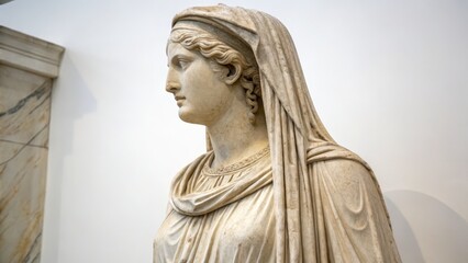 Side view of a detailed marble statue of a veiled Roman woman in classical attire, symbolizing antiquity, grace, and tradition.