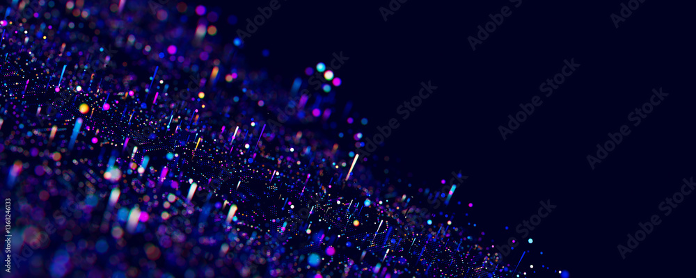 Poster Macro of quantum computing technology. Digital patterns of big data. Microworld of LLM AI learning process. Nano technology presentation. 3d render illustration