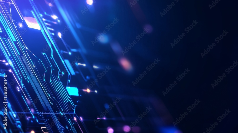 Poster abstract digital circuit board design with glowing lines and nodes on a dark background
