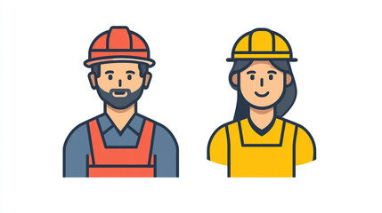 Illustration of a male construction worker and a female construction worker with hard hats