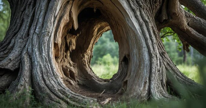 Cave, opening in a weathered twisted tree, shelter for animals.
