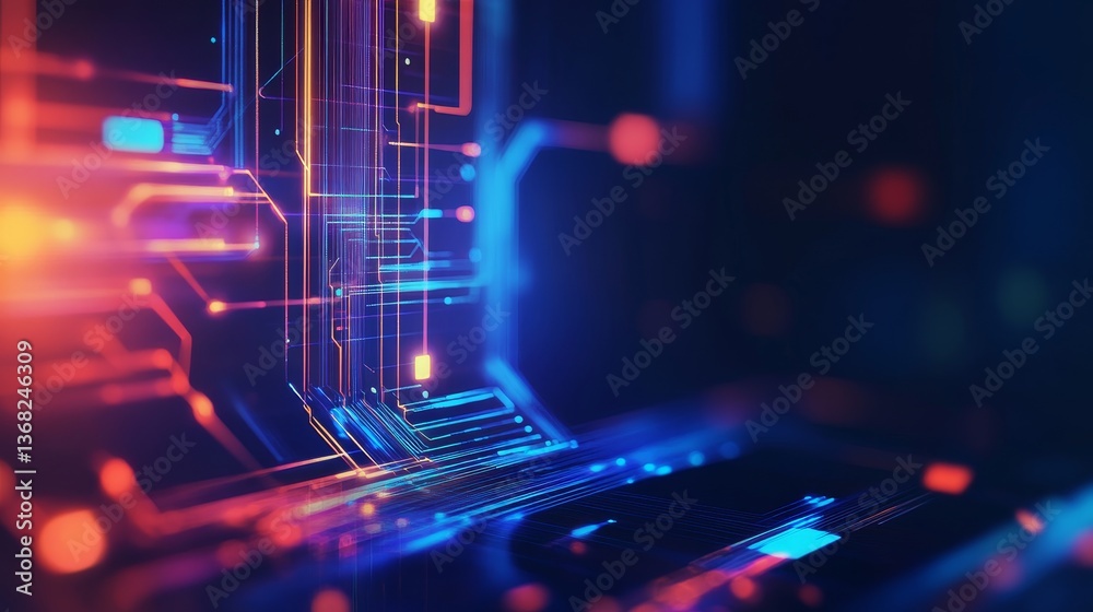 Poster abstract digital circuit design with vibrant colors and glowing elements in a tech environment