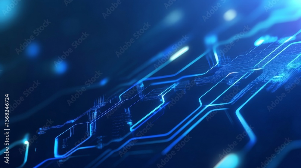 Poster abstract digital circuit board design with glowing blue lines and soft bokeh background effects