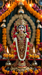 Navaratri product display background podium, Divine Durga Glow, gold and red, Goddess Durga, jewellery and flowers, glowing diyas, oil lamps, temple bells, marigold garlands, sacred, festive ambiance