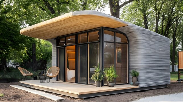 Modern 3D-printed house constructed with recycled materials in a sustainable self-sufficient community, promoting eco-friendly architecture, renewable energy, and futuristic urban living.