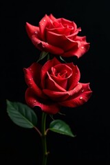 Beautiful red roses with water droplets on black background, romantic, nature