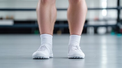 Muscular legs in white athletic shoes