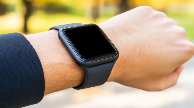 Close-up of a wrist wearing a sleek smartwatch in a sunny park setting with blurred trees