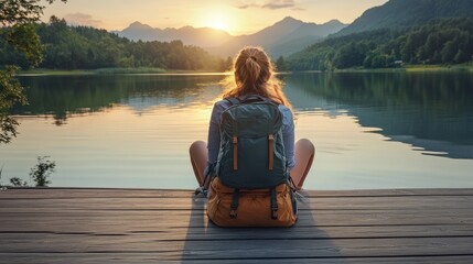 Fototapeta premium A serene moment of a traveler sitting by a tranquil lake at sunset, surrounded by mountains and nature