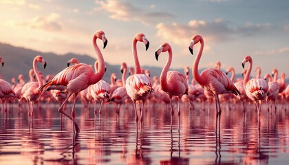 Flamingo Flock Standing in Water at Sunset with Pink Reflection